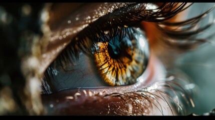 Poster - A detailed close-up of a person's eye with small water droplets. This image can be used to depict emotions, purity, or the concept of tears