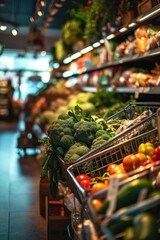 Poster - A vibrant and bustling grocery store filled with an abundance of fresh produce. Perfect for showcasing the variety and quality of fruits and vegetables.