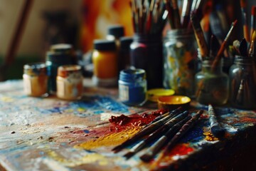 Poster - A table filled with various paint colors and an assortment of brushes. Perfect for artists and painters looking for inspiration