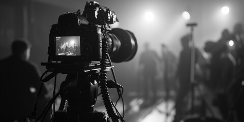 Canvas Print - A black and white photo of a video camera. Suitable for use in a variety of projects