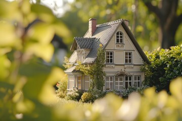 Aufkleber - A model of a house in a serene garden. Perfect for architectural designs and real estate concepts