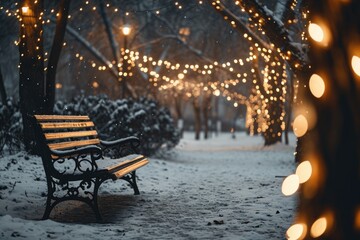 Canvas Print - A park bench covered in snow, surrounded by trees. Perfect for winter-themed designs and outdoor scenes