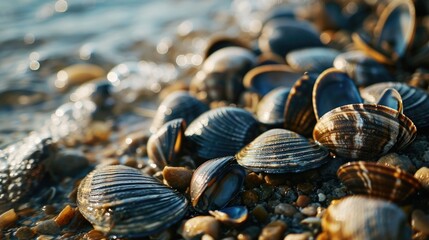 Poster - A collection of shells resting on the sandy beach. Perfect for beach-themed designs or coastal decor