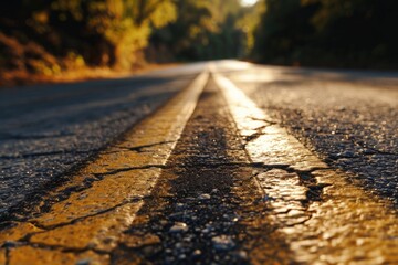 Aufkleber - A picture of a wet road with a clearly visible center line. Suitable for illustrating road safety or driving in rainy conditions