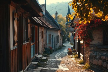 Aufkleber - A picturesque view of a narrow cobblestone street flanked by charming old buildings. Perfect for capturing the essence of a historic city or creating a nostalgic atmosphere in your project