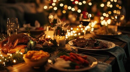 Poster - A table set with various plates of food and glasses of wine. Perfect for restaurant menus or food and wine-themed articles