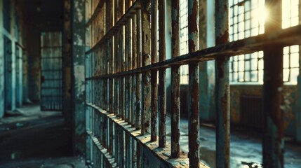 Poster - An image of an old jail cell block with bars. This picture can be used to depict the interior of a prison or a historical depiction of incarceration