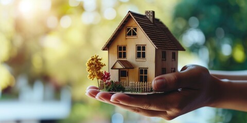 Poster - A person holding a small model house, suitable for real estate or home construction concepts