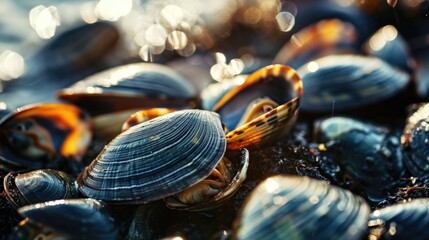 Poster - A bunch of clams sitting on top of a beach. Perfect for seafood enthusiasts and beach-themed designs
