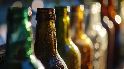 Aufkleber - A row of empty beer bottles sitting on top of a table. Perfect for illustrating a party or social gathering scene