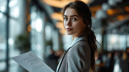 Aufkleber - A beautiful businesswoman stands with a paper document in one hand presenting at business meeting in a modern office. Generative AI.