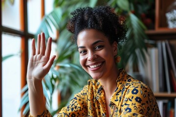 Poster - A woman sitting at a table with her hand raised in the air. This image can be used to depict concepts of communication, participation, or seeking attention
