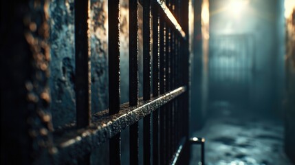 Poster - A dimly lit jail cell in a room. This image can be used to depict incarceration, confinement, or the justice system