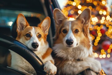 Poster - Two dogs sitting in the drivers seat of a car. Suitable for pet owners or animal lovers