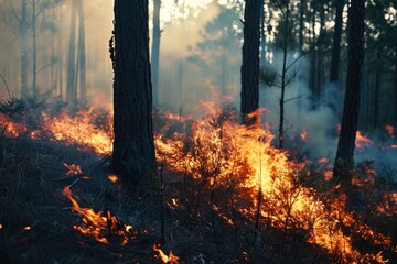 Aufkleber - A fire blazing in the middle of a forest. Perfect for illustrating the dangers of wildfires and the need for fire prevention measures
