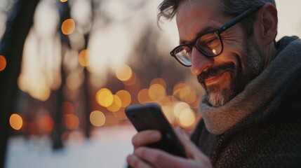 Poster - A man wearing glasses is focused on his cell phone. This image can be used to represent technology, communication, or modern lifestyle