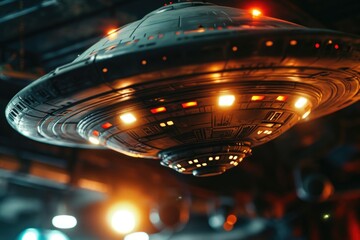 Poster - Close up view of a spaceship inside a building. Perfect for science fiction enthusiasts or futuristic-themed projects