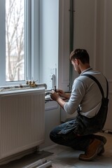 Poster - A man is pictured fixing a radiator in front of a window. This image can be used to depict home maintenance or repair
