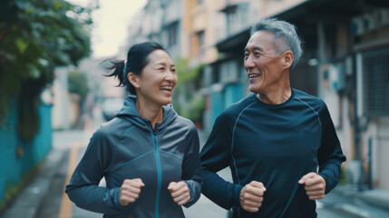 Poster - A man and a woman running together down a street. Suitable for fitness and active lifestyle themes