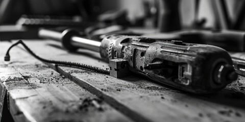 Poster - A black and white photo of a drill placed on a table. Suitable for industrial, construction, or DIY-related projects