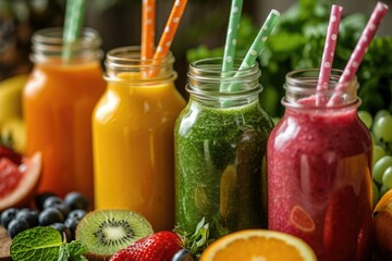 Canvas Print - A collection of colorful and healthy fruit and vegetable smoothies stored in mason jars. Perfect for refreshing drinks or a nutritious snack