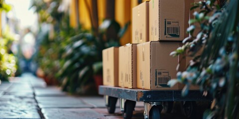 Poster - A bunch of boxes sitting on top of a cart. Suitable for logistics, transportation, or storage concepts