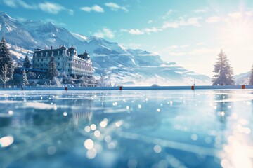 Poster - A snow-covered slope with a large building sitting on top. Perfect for winter-themed designs and architecture concepts