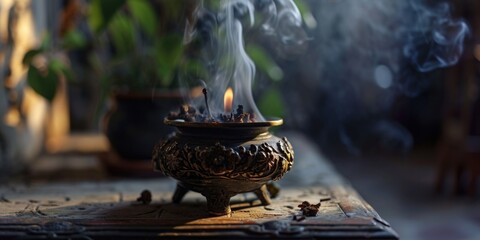 Poster - A detailed view of an incense burner placed on a table. Perfect for adding a touch of tranquility and spirituality to any space