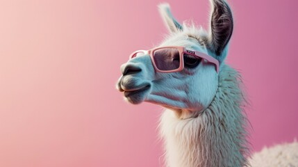 Aufkleber - A llama wearing sunglasses stands against a vibrant pink background. Perfect for adding a playful touch to any project