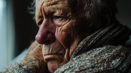 Poster - An image of an old woman peering through a window. Can be used to depict loneliness, contemplation, or a glimpse into someone's life