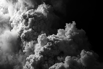Poster - A black and white photo capturing a cloud of smoke. This image can be used to depict mystery, pollution, fire, or abstract concepts.