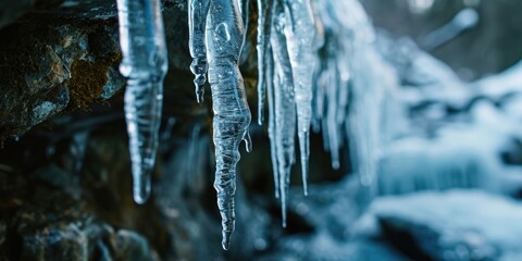 Canvas Print - Icicles hanging from a rock face. Can be used to depict winter landscapes or extreme weather conditions.