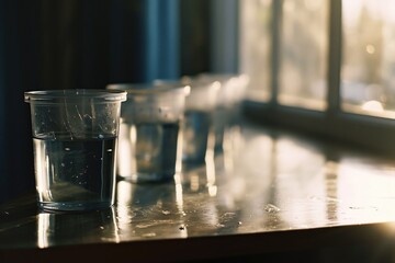 Poster - A close-up shot of a glass of water placed on a table. Suitable for various uses