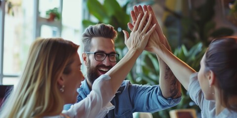 Poster - A group of individuals celebrating success by giving each other high fives. Suitable for illustrating teamwork, achievement, and camaraderie.