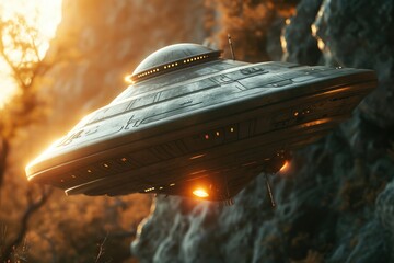 Poster - An image of a massive alien spaceship soaring through the sky. Perfect for science fiction projects or futuristic designs