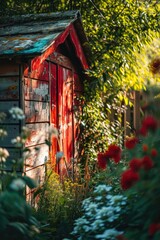 Poster - A picturesque red shed surrounded by a vibrant green forest. Perfect for rustic or nature-themed designs