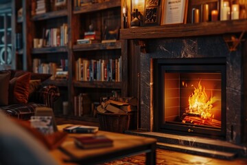 Poster - A warm and inviting living room with a fireplace, perfect for creating a cozy atmosphere. Ideal for home decor and interior design concepts