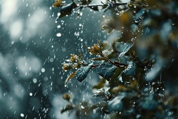 Poster - A close up of a tree branch with raindrops. Perfect for nature and weather-related projects