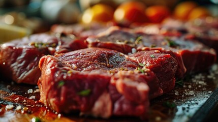 Poster - Freshly cut meat on a wooden cutting board. Ideal for food-related projects and recipes
