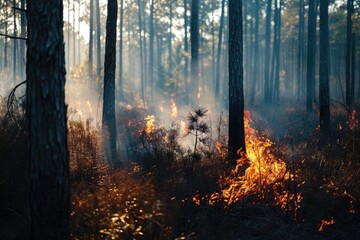 Poster - A fire blazing in the middle of a forest. Suitable for environmental and disaster-related themes