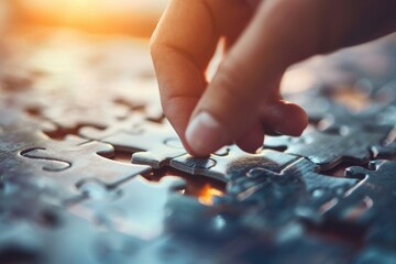 Poster - A close-up view of a person carefully placing a piece of a puzzle. This versatile image can be used to depict problem-solving, teamwork, or the completion of a project