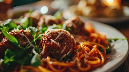 Poster - A delicious plate of spaghetti and meatballs, perfect for an Italian meal. Great for restaurant menus or food-related projects