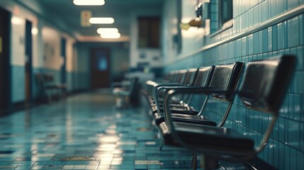 Poster - A row of empty chairs in a hospital hallway. Suitable for healthcare and medical concepts
