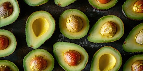 Poster - Avocados cut in half arranged on a table. Perfect for food-related projects and recipes