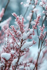 Poster - A beautiful bunch of pink flowers covered in a layer of snow. Perfect for winter-themed designs and seasonal projects