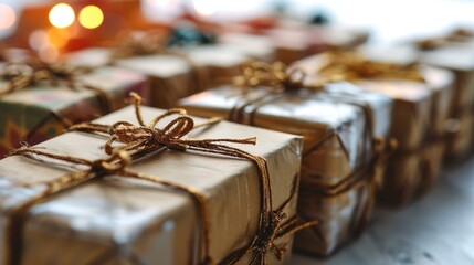 Rows of cardboard gift boxes with copy space over white background. Generative AI.