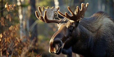 Wall Mural - A close-up shot of a moose with impressive antlers. Perfect for nature enthusiasts and wildlife lovers