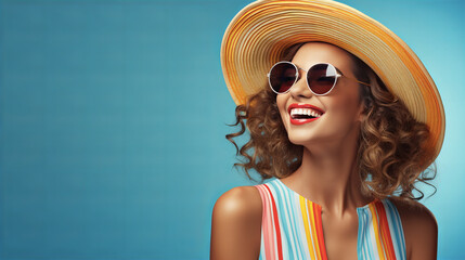Portrait of happy young woman with colorful lollipop, wearing summer straw hat, sunglasses, striped dress on blue background, Happy Womens Day, Mother's day, Easter, Valentine day, Birthday invitation