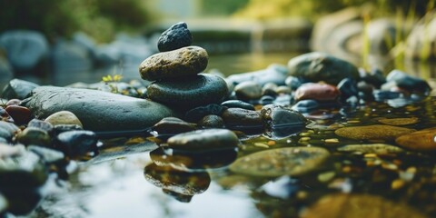 Poster - A pile of rocks sitting on top of a river. Suitable for nature and outdoor themes