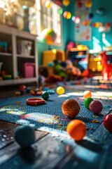 Poster - A child's play room with a variety of toys scattered on the floor. This image can be used to depict a fun and playful atmosphere in a home or daycare setting